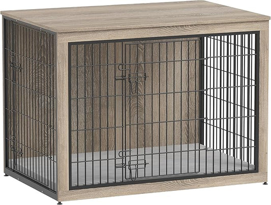Piskyet Dog Crate Furniture with Cushion,Heavy-Duty Reinforced Metal Mesh,44" Wooden Dog Crate End Table with Double Doors,Indoor Dog Kennel,Dog Cage Side Table for Large Breed,Grey