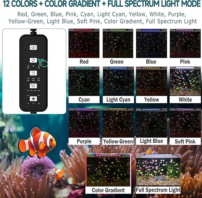 LED Aquarium Light, 24/7 Mode IP68 for Plants-Full Spectrum Fish Tank Light, 24-30 Inch, Sunrise-Daylight-Moonlight, White Blue Red Green Pink LEDs with Extendable Brackets for Freshwater