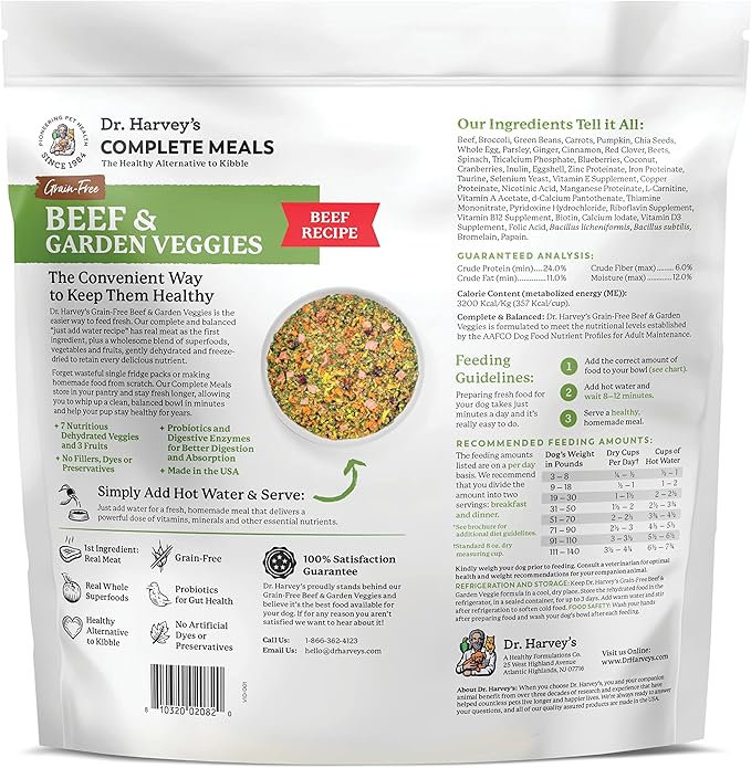 Dr. Harvey's Beef & Garden Veggies Dog Food, Human Grade Grain-Free Dehydrated Food for Dogs with Freeze-Dried Beef (5 Pounds)