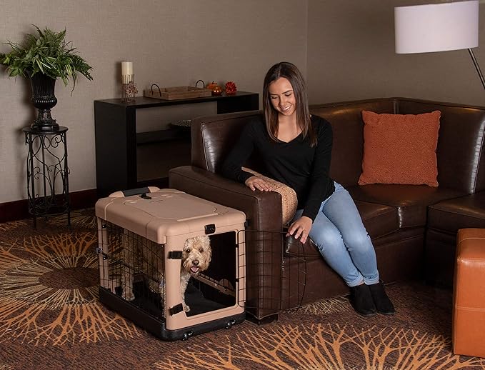 Pet Gear _he Other Door 4 Door Steel Crate for Dogs/Cats with Garage-Style Door, Includes Plush Bed + Travel Bag, No Tools Required, Beige