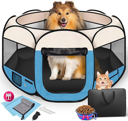 45" Foldable Pet Playpen for Large Dogs, HOMAGICO Pet Playpen for Indoor Cats Enclosed, Portable Dog Playpen Outdoor Tent Crate with Carrying Case, Water-Resistant and Removable Shade Cover, Blue