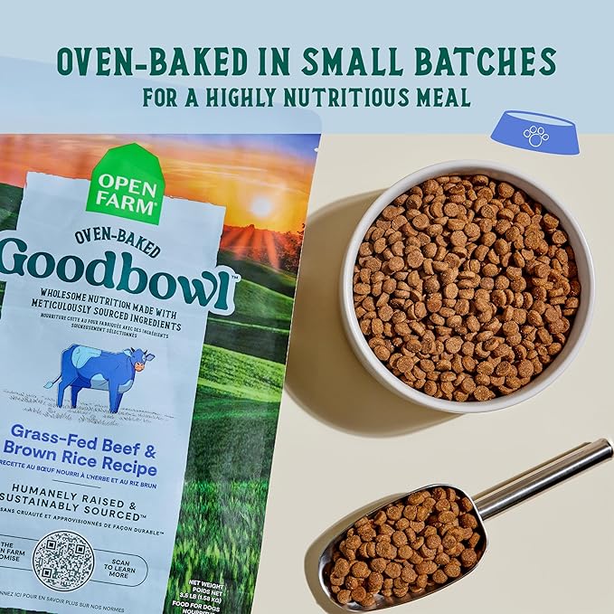 Open Farm Goodbowl, Oven-Baked Small Batch Dry Dog Food - Grass-Fed Beef & Brown Rice Recipe, Includes Non-GMO Produce & Grains, 3.5lb Bag (56oz Bag)
