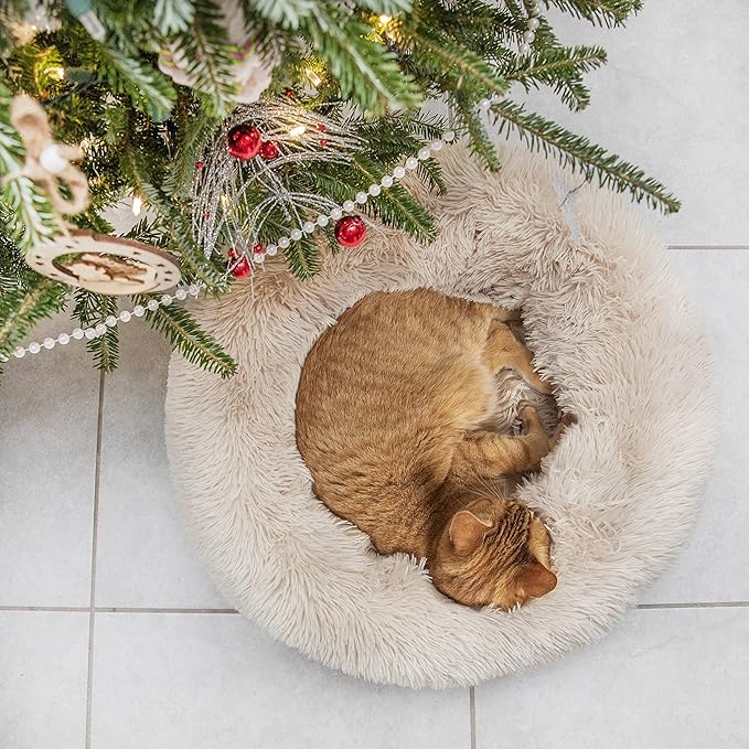 Small Dog Bed Calming Dogs Bed for Small Medium Large Dogs Anti-Anxiety Puppy Bed Machine Washable Warming Cozy Soft Pet Round Bed Fits up to 10-100 lbs (23_mallï¼_ack of 1ï¼, Beige)