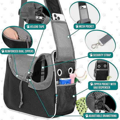 PetAmi Small Dog Sling Carrier, Soft-Sided Crossbody Puppy Carrying Purse Bag, Adjustable Sling Pet Pouch to Wear Medium Dog Cat Travel, Dog Bag for Traveling, Breathable, Poop Bag Dispenser, Black