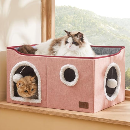 Bedsure Large Cat Beds for Indoor Cats - Extra Wide Cat Cube House for Small Pet with Fluffy Ball Hanging and Scratch Pad, Foldable Pet Cave Hideaway for Multiple Cats, 23.6x16.9x13 inches,Pink