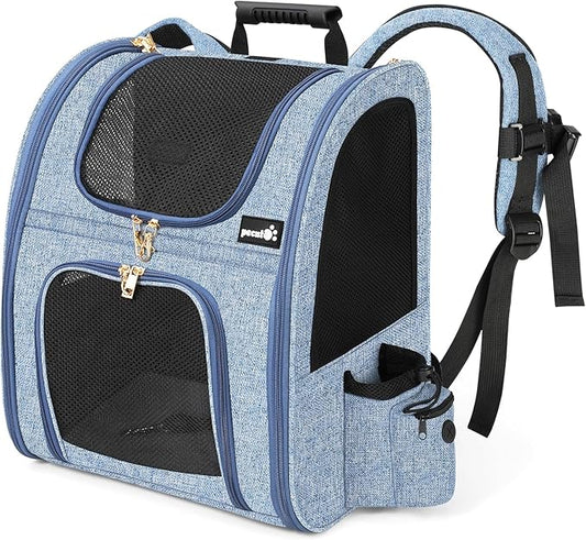 Pecute Cat Backpack with Breathable Mesh, Dog Backpack Carrier with Multi-Pockets for Cats Puppies, Pet Backpack Carrier for Travel Hiking Camping Outdoor Blue