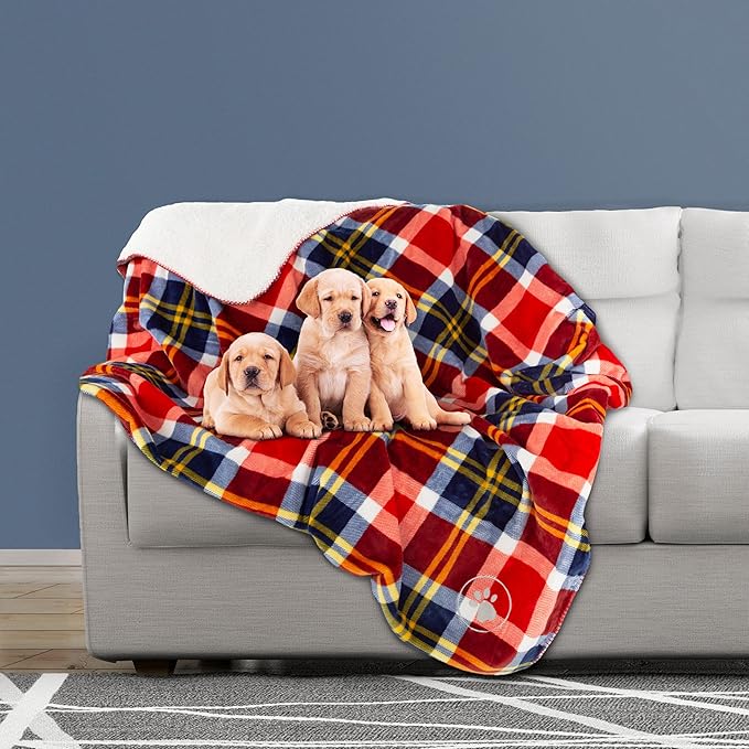 PETMAKER Waterproof Pet Blanket - 50x60 Reversible Plaid Throw Protects Couch, Car, Bed from Spills, Stains, or Fur - Dog and Cat Blankets (Red)