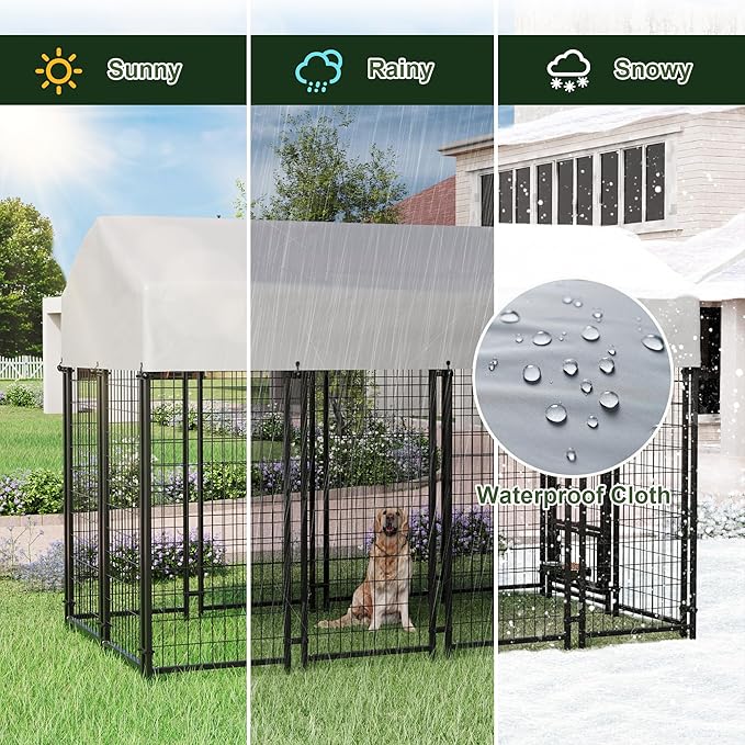 Greesum Large Outdoor Dog Kennel, Heavy Duty Welded Wire Steel Dog Playpen Fence with Secure Lock/UV-Resistant Waterproof Roof Cover/Rotaing Feeder Bowls, for Small/Medium/Large Dogs, XL