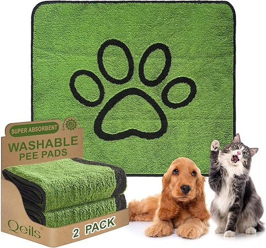 Qeils Washable Pee Pads for Dogs, 2 Pack Super Absorbent Reusable Puppy Pads with Green Long Wool for Potty Training, Floor, Couch, Bed, and Crate,31"x 36"