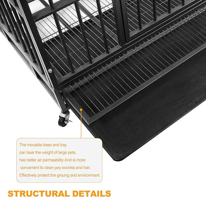42 inch Heavy Duty Dog Crate with Lockable Wheels, Escape Proof Dog Crate cage Kennel for Large Dogs, High Anxiety Indestructible Dog cage, Double Door and Removable Tray