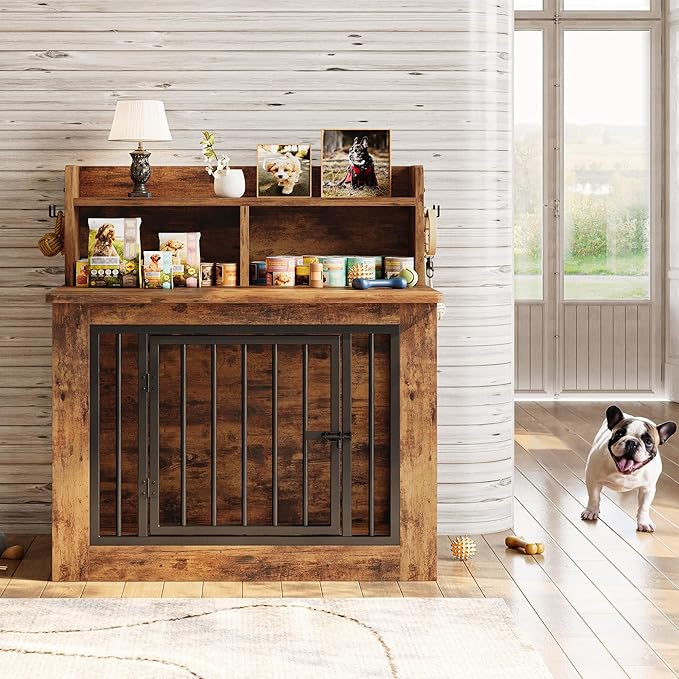 IRONCK Dog Crate Furniture, 33.4 inches Wooden Small Dog Crate with Storage and 4 Hooks, Heavy Duty Pet Crate for Small Dog, Decorative Pet Cage for Indoor (22" L x 33.4" W x 37.4" H)