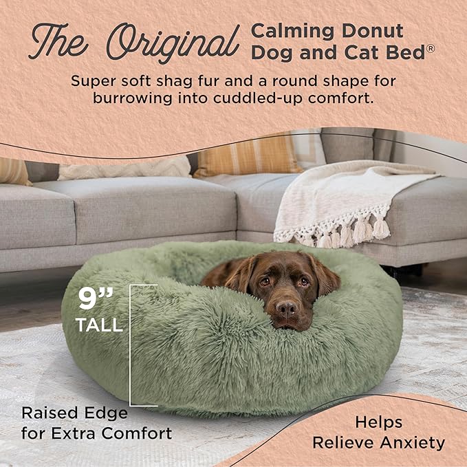 Best Friends by Sheri Original Calming Donut Dog and Cat Bed, Shag Faux Fur, Sage Green, (36in x 36in) - Anxiety Relief for Pets Up to 100 lbs