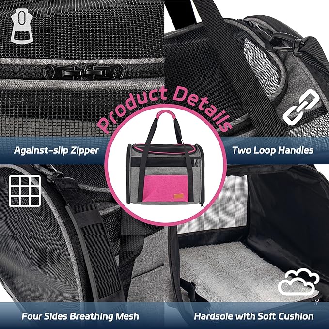 Cat Carrier for Large Cats 20 lbs, Soft Sided Breathable Mesh Cat Travel Carrier, Large Cat Carrier Airline Approved, Washable Pet Carrier for Cats Small Dogs Puppies, Foldable Cat Carrier, Pink