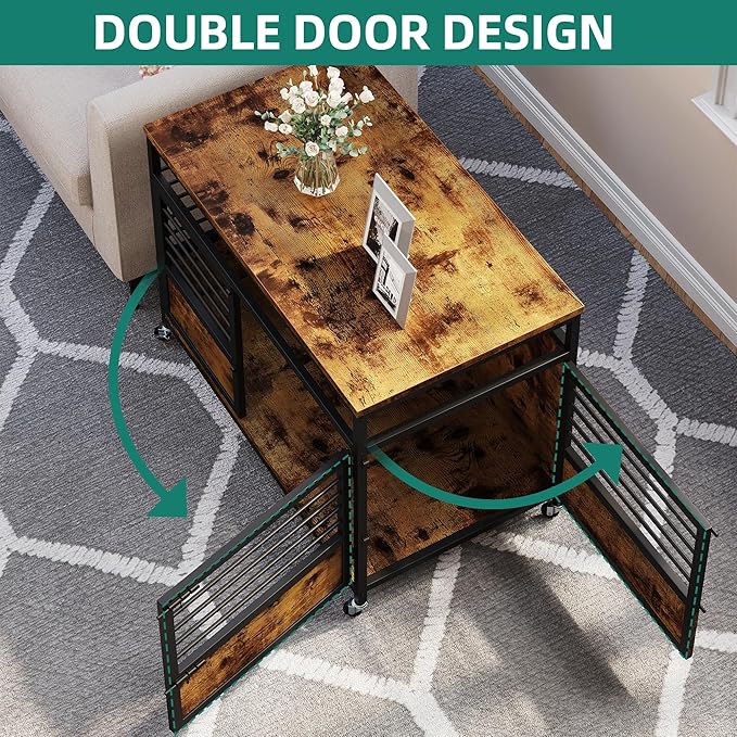 YITAHOME 39" Dog Crate Furniture with Wheels, Farmhouse Decorative Wood Dog Cage End Table Chew-Resistant Wooden Dog Kennel Indoor for Small Dogs, Rustic Brown