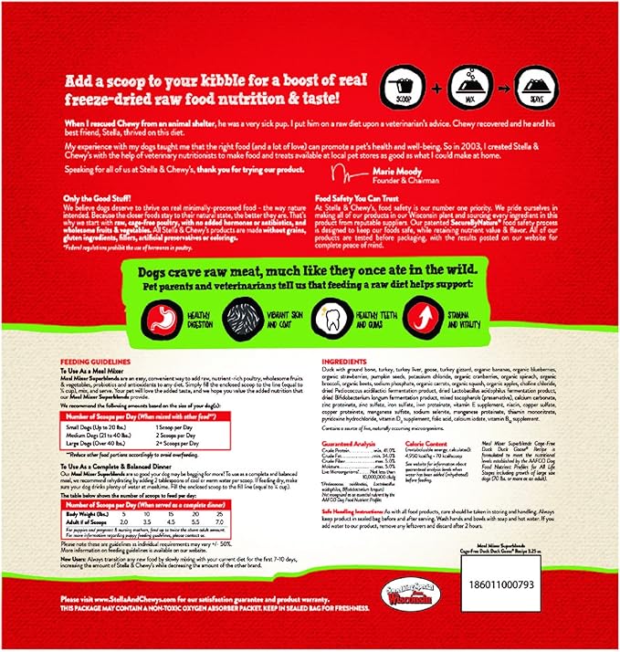 Stella & Chewy's Freeze-Dried Raw Cage-Free Duck Meal Mixer SuperBlends Grain-Free Dog Food Topper, 16 oz. bag, Freeze-Dried Raw Meal Mixer SuperBlends