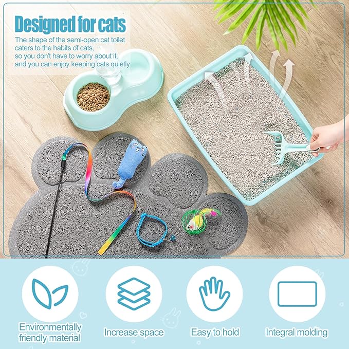 7 Pcs Small Cat Kitten Starter Kit Cat Litter Box with Shovel Paw Litter Mat Double Automatic Kitten Bowls Toy Teaser Stick Collar Essentials Kits for 1-3 Lbs Beginner(Simple,Blue)