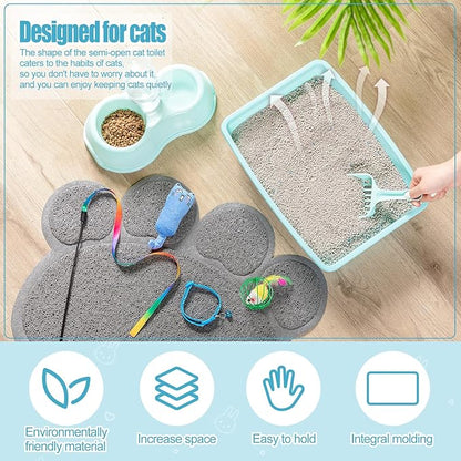 7 Pcs Small Cat Kitten Starter Kit Cat Litter Box with Shovel Paw Litter Mat Double Automatic Kitten Bowls Toy Teaser Stick Collar Essentials Kits for 1-3 Lbs Beginner(Simple,Blue)