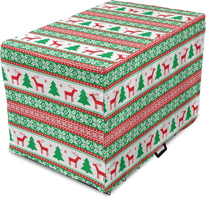 Ambesonne Christmas Dog Crate Cover, Knit Style Graphic Reindeer Star and Snowflake Holiday Family Theme, Easy to Use Pet Kennel Cover for Small Dogs Puppies Kittens, 18 Inch, White Green