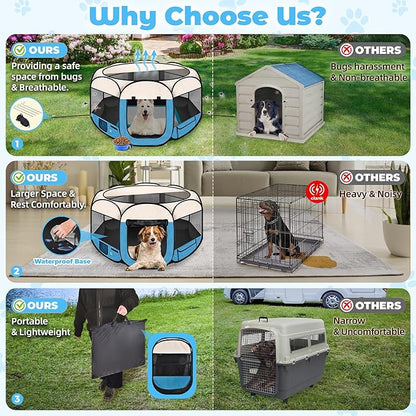 45" Foldable Pet Playpen for Large Dogs, HOMAGICO Pet Playpen for Indoor Cats Enclosed, Portable Dog Playpen Outdoor Tent Crate with Carrying Case, Water-Resistant and Removable Shade Cover, Blue