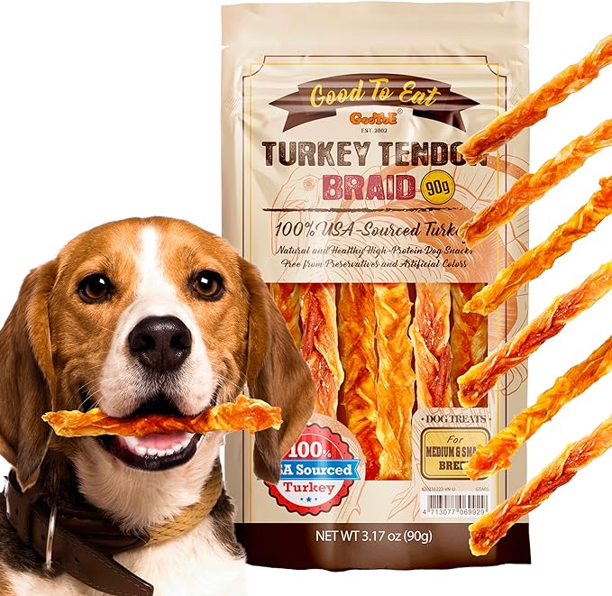 Gootoe Turkey Tendon Dog Treats  100% USA-Sourced, Natural Snack, Premium Training Chews, Hypoallergenic, Reseal Value Bags, Size for Medium & Small Dogs, Braid (Medium) 3.17 oz/Pack (90gm)