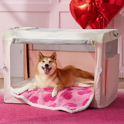 Lesure Waterproof Puppy Blanket for Large Dogs - Washable Double Sided Dog Blankets with Warm Jacquard Shag and Soft Sherpa Fleece, Pet Cat Blanket for Couch Protection, Love Pattern Design，Pink