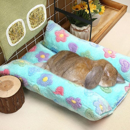15.7X14 Inch Rabbit Bed, Padded Concave Bed for Small Animals, Cuddle Cushion Plush Mat with Cotton Lounger Pillows for Guinea Pigs, Hamsters, Rabbits, Rats and Bearded Dragons (Blue)