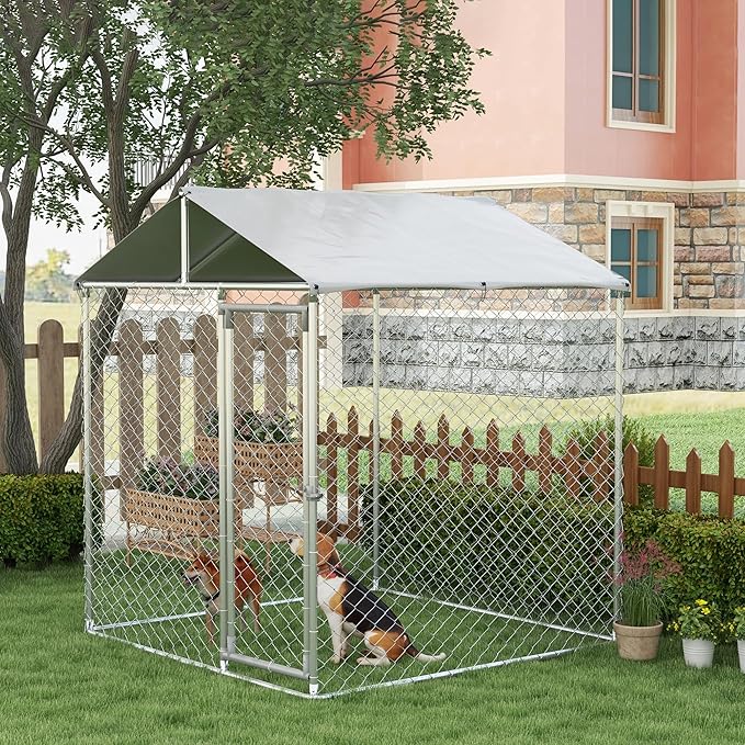 PawHut Large Dog Kennel Outside, Heavy Duty Dog Cage with Waterproof Cover, Outdoor Fence Dog Run with Galvanized Chain Link, Secure Lock, 6.6' x 6.6' x 7.8'