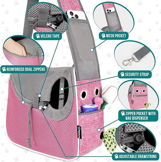 PetAmi Small Dog Sling Carrier, Soft-Sided Crossbody Puppy Carrying Purse Bag, Adjustable Sling Pet Pouch to Wear Medium Dog Cat Travel, Dog Bag for Traveling, Breathable, Poop Bag Dispenser, Pink