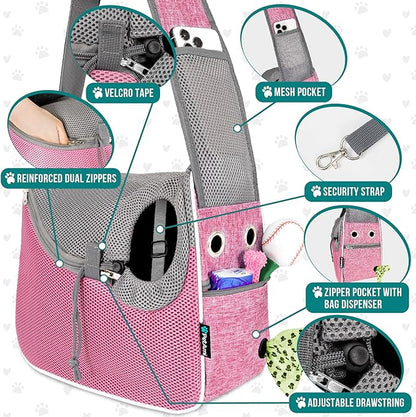 PetAmi Small Dog Sling Carrier, Soft-Sided Crossbody Puppy Carrying Purse Bag, Adjustable Sling Pet Pouch to Wear Medium Dog Cat Travel, Dog Bag for Traveling, Breathable, Poop Bag Dispenser, Pink