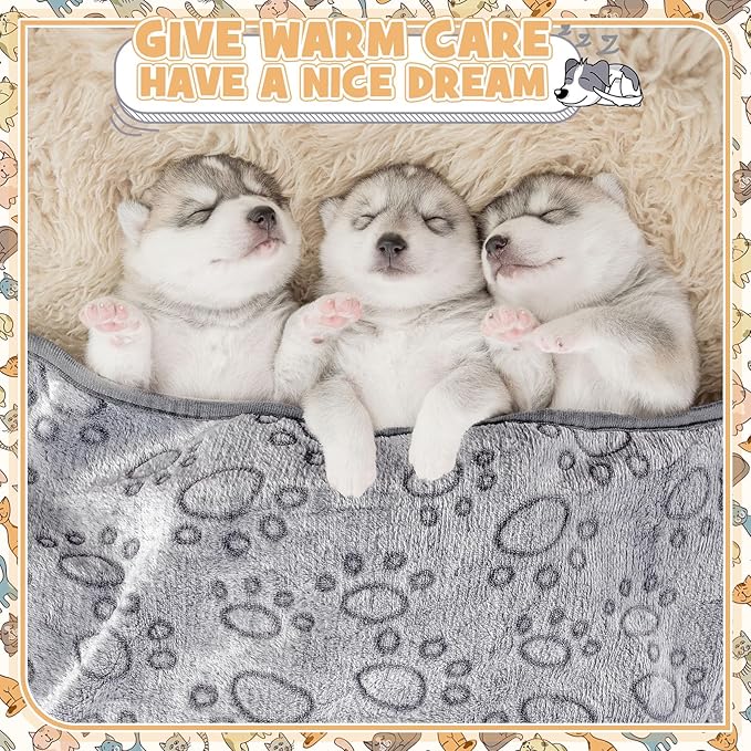 Tegeme 12 Pieces Pet Blanket Soft Fleece Dog Fluffy Doggie Warm Felt Throw Spring Cute Paw Print Puppy Kitten Sleep Mat Bed Covers for Cat(30 x 20 Inch,Gray)