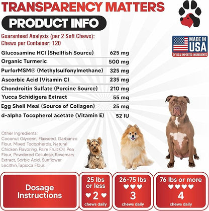 Glucosamine for Dogs Hip and Joint Supplement - Safe Joint Support for Dogs - Dog Joint Supplement with Glucosamine Chondroitin MSM Turmeric - 120 Joint Care Chews for Dogs ActivTreats