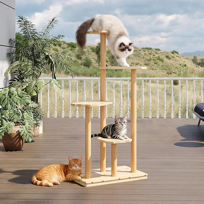 Outdoor Cat Tree - Durable 4-Tier Natural Wood for Multiple Cats, All-Weather for Patio, Garden, Balcony - Ideal for Scratching, Climbing, and Lounging