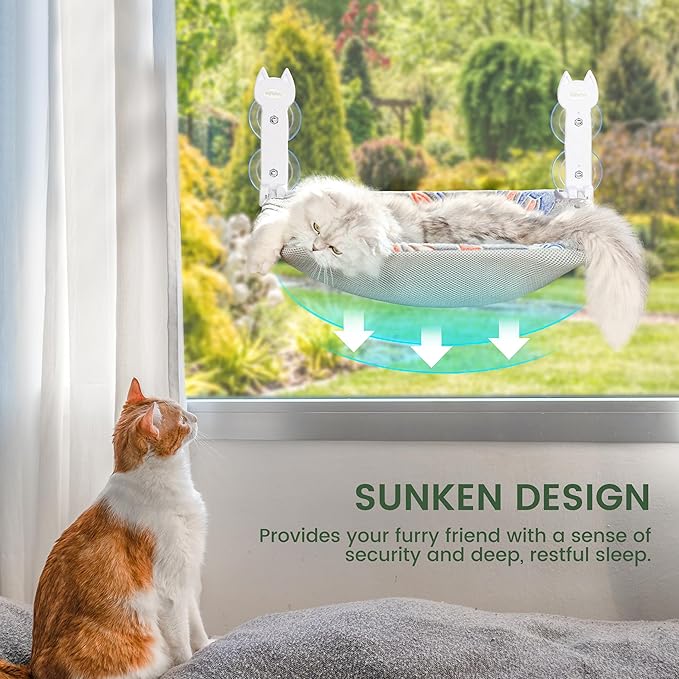 Cat Window Perch, Glow in The Dark Foldable Cat Hammock with Sunken Design & Removable Soft Cover, Breathable Cordless Window Bed for Resting Indoor Kitten (Shallow Perch, 1 Pack - M)