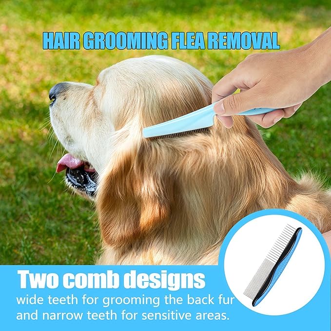 5-in-1 Grooming Kit - Supplies for Short and Long Hair Dogs, Bath Brush, Dematting Rake and Comb (Set of 5, Blue)