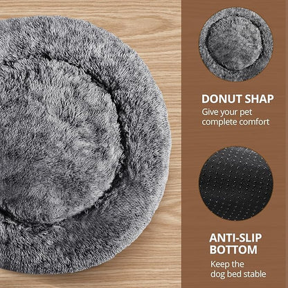 JOLLYVOGUE Donut Dog Bed for Large Dogs, Anti-Anxiety Washable Round Large Pet Bed, Calming Donut Dog Bed for Sleeping, Fluffy Dog Beds for Large Dogs, Round Bed for Indoor Pet (36"/Smoke Black
