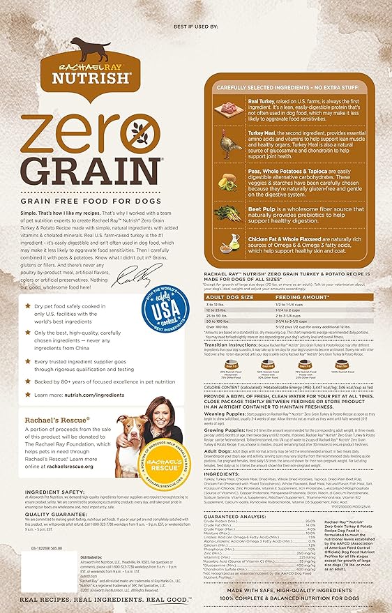 Rachael Ray Nutrish Zero Grain Natural Dry Dog Food, Turkey & Potato Recipe, 6 Pounds, Grain Free (Pack of 2)