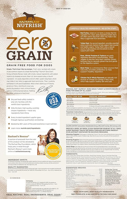 Rachael Ray Nutrish Zero Grain Natural Dry Dog Food, Turkey & Potato Recipe, 6 Pounds, Grain Free (Pack of 2)