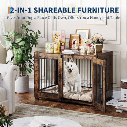 23.6" Dog Crate Furniture, Wooden Kennel with Locking Double Doors, Chew-Resistant Indoor Pet Cage End Table for Small Breeds, Brown