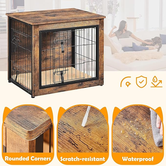 Yaheetech 27.5'' Dog Crate Furniture with Cushion Wooden Dog Crate with Double Doors/Adjustable Feet Side End Table for Small/Medium Dogs, 27.5" L x 20" W x 24" H