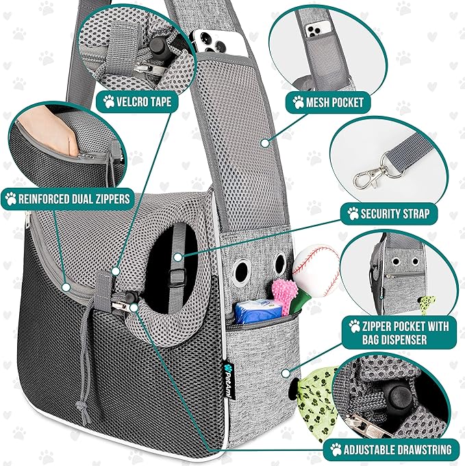 PetAmi Small Dog Sling Carrier, Soft-Sided Crossbody Puppy Carrying Purse Bag, Adjustable Sling Pet Pouch to Wear Medium Dog Cat Travel, Dog Bag for Traveling, Breathable, Poop Bag Dispenser, Gray