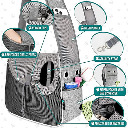 PetAmi Small Dog Sling Carrier, Soft-Sided Crossbody Puppy Carrying Purse Bag, Adjustable Sling Pet Pouch to Wear Medium Dog Cat Travel, Dog Bag for Traveling, Breathable, Poop Bag Dispenser, Gray