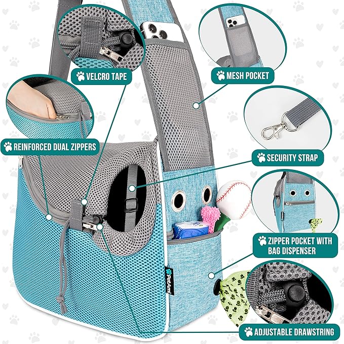 PetAmi Small Dog Sling Carrier, Soft-Sided Crossbody Puppy Carrying Purse Bag, Adjustable Sling Pet Pouch to Wear Medium Dog Cat Travel, Dog Bag for Traveling, Breathable, Poop Bag Dispenser, Blue