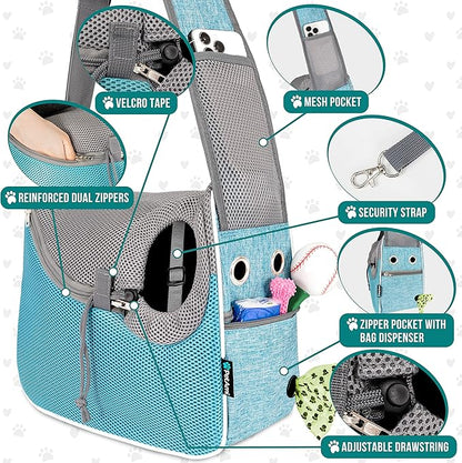 PetAmi Small Dog Sling Carrier, Soft-Sided Crossbody Puppy Carrying Purse Bag, Adjustable Sling Pet Pouch to Wear Medium Dog Cat Travel, Dog Bag for Traveling, Breathable, Poop Bag Dispenser, Blue
