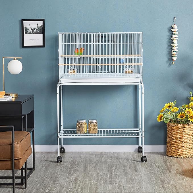 Yaheetech 47-inch Flight Bird Cages for Parakeets Cockatiels Conures Budgies Finches Lovebirds Canaries Parrots Breeding Birdcage with Detachable Rolling Stand, White