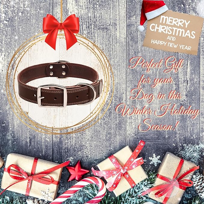 ADITYNA Heavy Duty Leather Dog Collar for Large Dogs - Soft and Strong Leather Dog Collar for Walking, Training, Hiking, Hunting, and Running (Large: Fit 17" - 23" Neck, Brown)