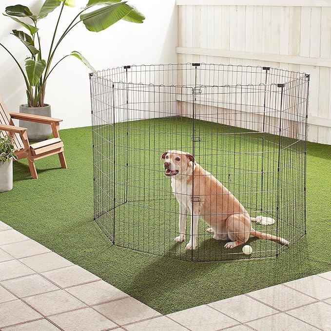 Amazon Basics Foldable Octagonal Metal Exercise Dog Playpen - Indoor/Outdoor, No Door, Extra Large (8 Panels, 24 x 48), Easy to assemble, store, and customize, 48" - X-Large, Black