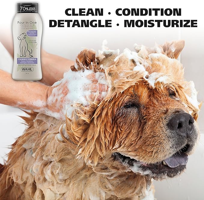 Wahl USA 4-in-1 Calming Pet Shampoo for Dogs  Cleans, Conditions, Detangles, & Moisturizes with Lavender Chamomile - Pet Friendly Formula - 24 Oz - Model 820000A