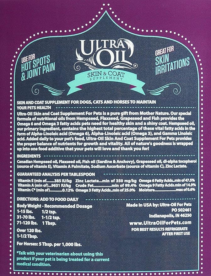 Ultra Oil Dog & Cat Supplement with Hemp, Flaxseed & Fish Oils - 32oz - For Dry Skin, Dull Coat, Hot Spots, Dandruff, Allergies