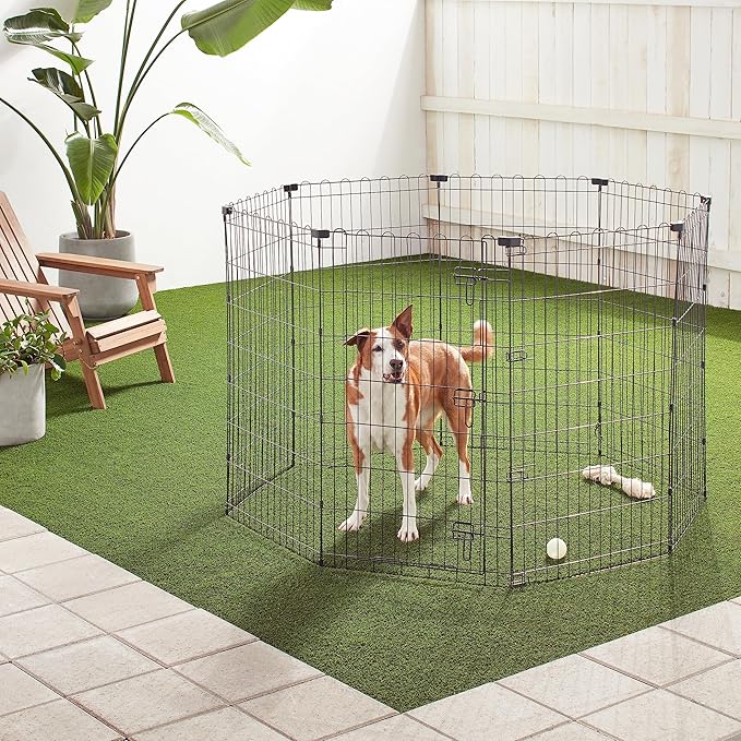 Amazon Basics Foldable Octagonal Metal Exercise Dog Playpen - Indoor/Outdoor, Single Door, Large (8 Panels, 24 x 42), Easy to assemble and store, 42" - Large, Black