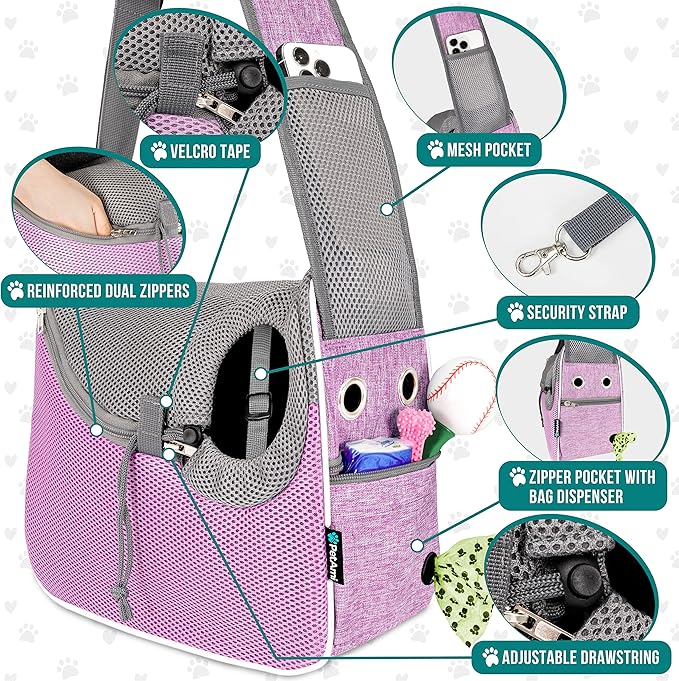 PetAmi Small Dog Sling Carrier, Soft-Sided Crossbody Puppy Carrying Purse Bag, Adjustable Sling Pet Pouch to Wear Medium Dog Cat Travel, Dog Bag for Traveling, Breathable, Poop Bag Dispenser, Purple